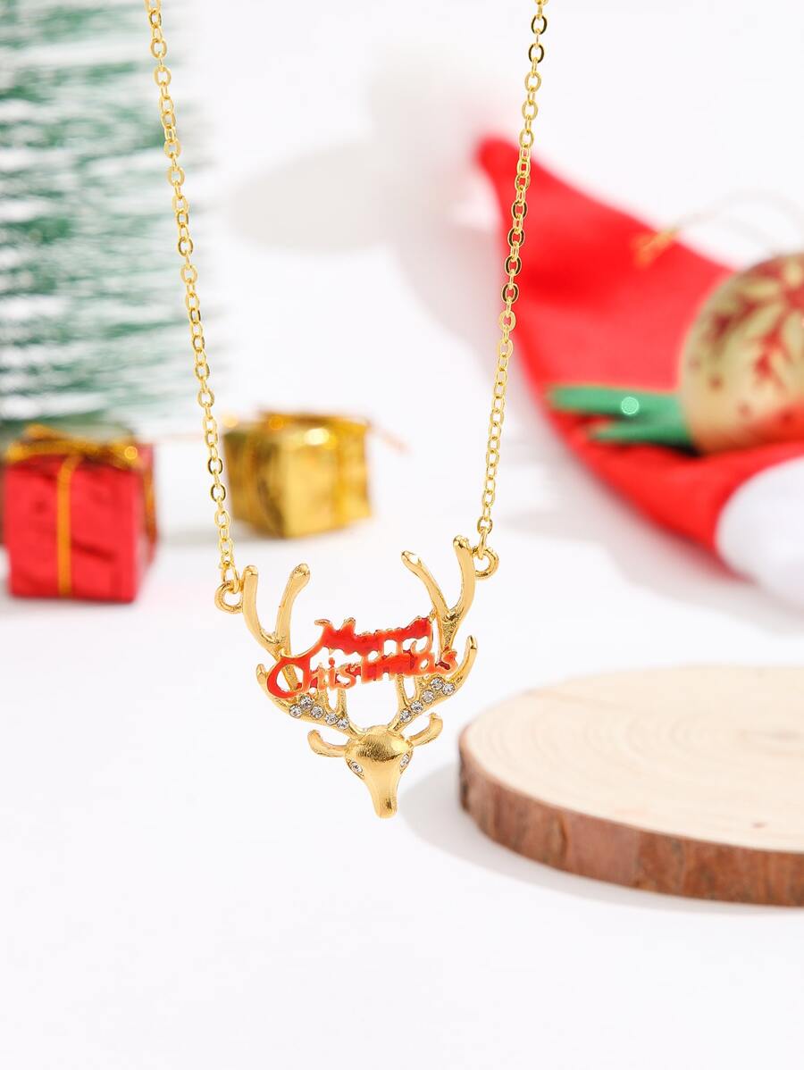Christmas Rhinestone Decor Deer Head Pendant Necklace - Multicolor - View 1