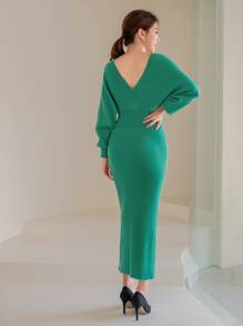 Mulvari Solid Surplice Neck Jumper Dress - Green - View 2