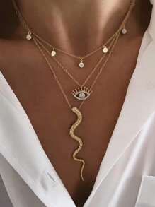 Rhinestone Eye & Snake Charm Layered Necklace - Yellow Gold - View 1