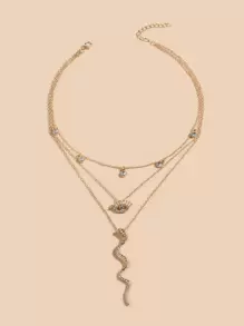 Rhinestone Eye & Snake Charm Layered Necklace - Yellow Gold - View 3