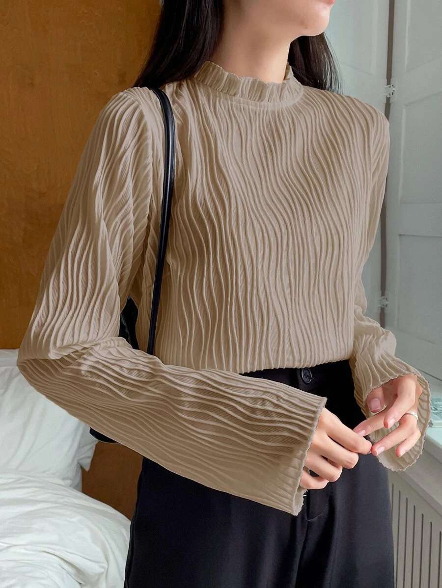 DAZY Frill Neck Keyhole Back Tee,Fall Clothes,Back To School Clothes Long Sleeve Women Tops - Khaki - View 1