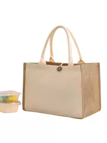 1pc Oxford Linen Solid Color Daily Portable Lunch Box Bag,School Bag,Large Capacity,Portable,Classic Casual,For Teen Girls Women College Students,White-Collar Workers,Perfect For Work,Back To School,Middle School,High School,College,Vacation,Beach - Beige - View 1