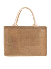 1pc Oxford Linen Solid Color Daily Portable Lunch Box Bag,School Bag,Large Capacity,Portable,Classic Casual,For Teen Girls Women College Students,White-Collar Workers,Perfect For Work,Back To School,Middle School,High School,College,Vacation,Beach - Beige - View 2