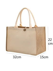 1pc Oxford Linen Solid Color Daily Portable Lunch Box Bag,School Bag,Large Capacity,Portable,Classic Casual,For Teen Girls Women College Students,White-Collar Workers,Perfect For Work,Back To School,Middle School,High School,College,Vacation,Beach - Beige - View 3