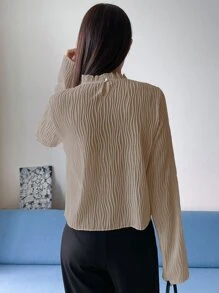 DAZY Frill Neck Keyhole Back Tee,Fall Clothes,Back To School Clothes Long Sleeve Women Tops - Khaki - View 2