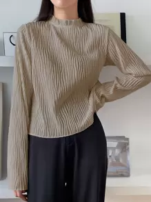 DAZY Frill Neck Keyhole Back Tee,Fall Clothes,Back To School Clothes Long Sleeve Women Tops - Khaki - View 5