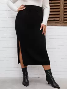 Modelyn Plus Solid Side Split Knit Skirt - Black - View 1