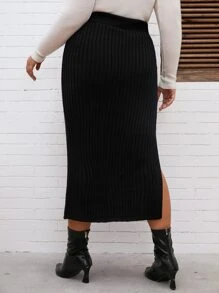Modelyn Plus Solid Side Split Knit Skirt - Black - View 2