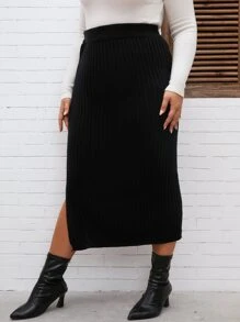 Modelyn Plus Solid Side Split Knit Skirt - Black - View 4