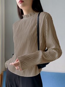 DAZY Frill Neck Keyhole Back Tee,Fall Clothes,Back To School Clothes Long Sleeve Women Tops - Khaki - View 7