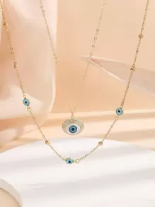 水鑽裝飾邪惡之眼吊墜多層次項鍊 - 金黃色 - 查看 1