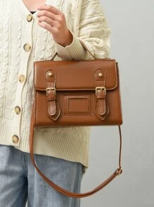 LECEY Buckle Decor Flap Square Bag - Brown - View 6