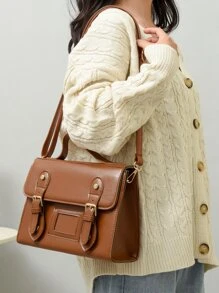 LECEY Buckle Decor Flap Square Bag - Brown - View 7