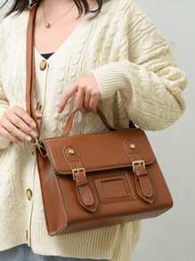 LECEY Buckle Decor Flap Square Bag - Brown - View 8