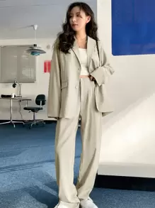 DAZY Bộ âu phục nữ Nút Túi màu trơn Thanh lịch - Màu be - Xem 1