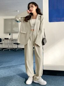 DAZY Bộ âu phục nữ Nút Túi màu trơn Thanh lịch - Màu be - Xem 4