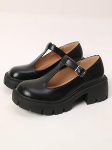 Buckle Decor Platform Mary Janes - Black - View 4