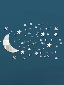 Pegatina de pared de espejo con luna y estrella - Plateado - Ver 2