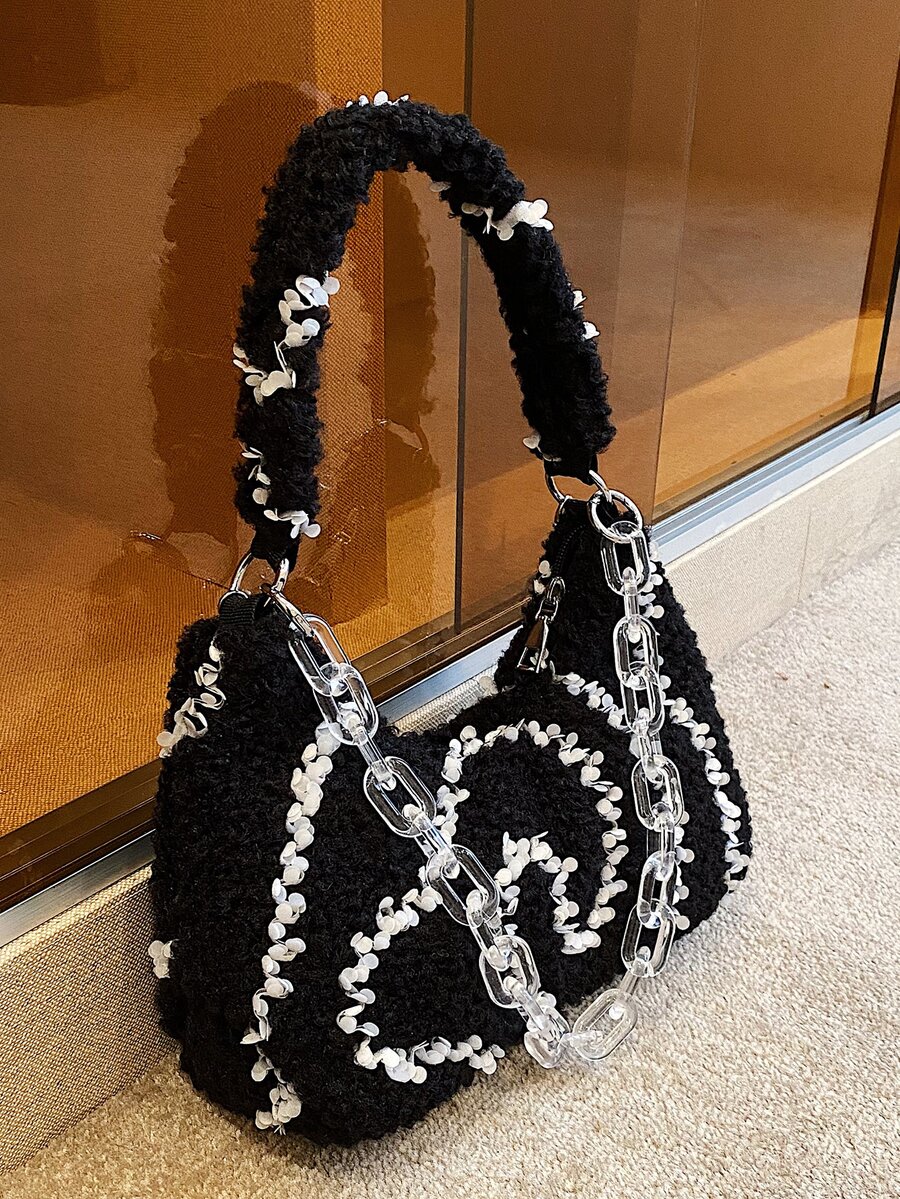 Sequin Decor Shoulder Bag - Black and White - View 1
