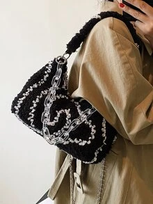 Sequin Decor Shoulder Bag - Black and White - View 2
