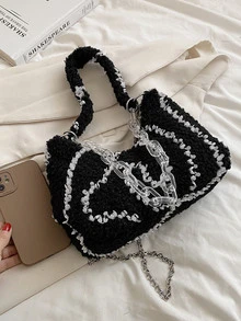 Sequin Decor Shoulder Bag - Black and White - View 5