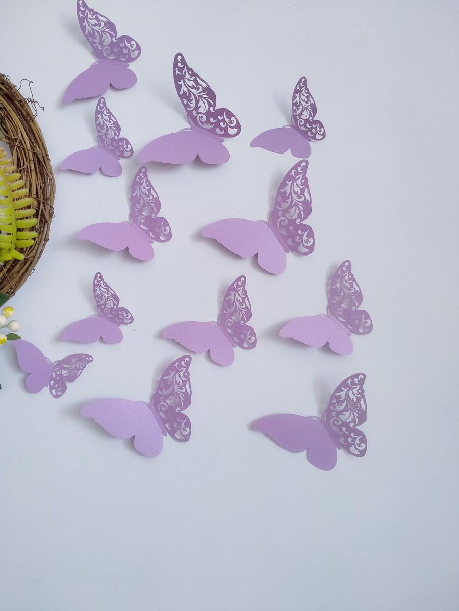 12 miếng dán tường hình bướm ngọc trai 3D, trang trí bằng giấy rỗng cho phòng khách, phòng ngủ, trang trí ngày lễ - Màu tím hoa cà - Xem 1