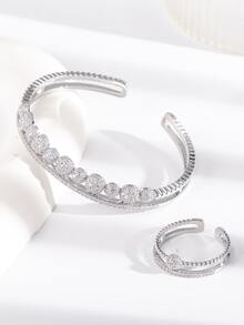 水鑽裝飾開口手鐲和開口戒指 - 銀色 - 查看 3