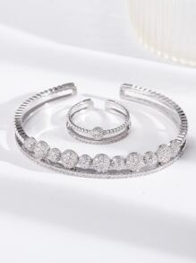水鑽裝飾開口手鐲和開口戒指 - 銀色 - 查看 1