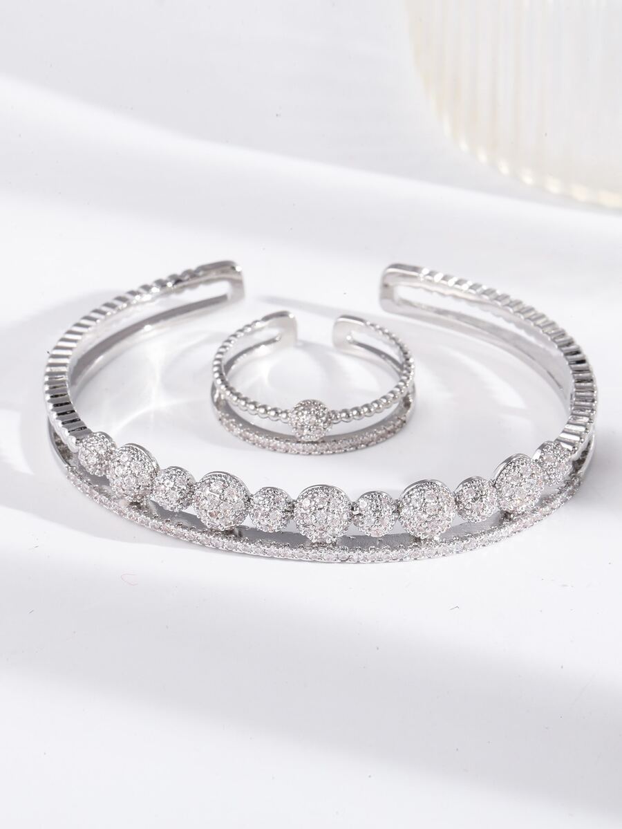 水鑽裝飾開口手鐲和開口戒指 - 銀色 - 查看 1