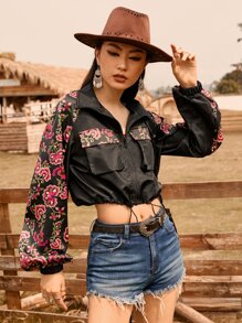 SHEINNeu Floral Print Flap Pocket Drawstring Hem Crop Jacket - Black - View 1