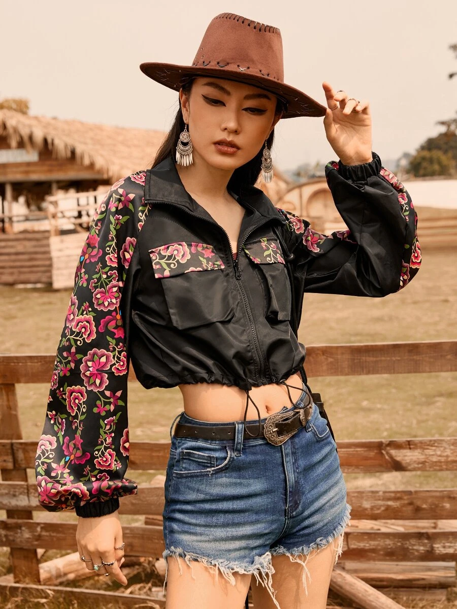 SHEINNeu Floral Print Flap Pocket Drawstring Hem Crop Jacket - Black - View 1