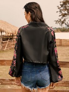 SHEINNeu Floral Print Flap Pocket Drawstring Hem Crop Jacket - Black - View 2