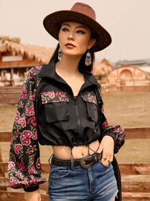 SHEINNeu Floral Print Flap Pocket Drawstring Hem Crop Jacket - Black - View 5