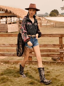 SHEINNeu Floral Print Flap Pocket Drawstring Hem Crop Jacket - Black - View 6