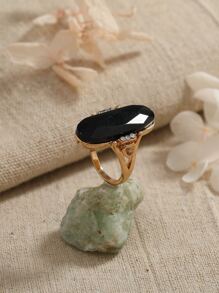 Oval & Rhinestone Decor Ring - Black - View 1