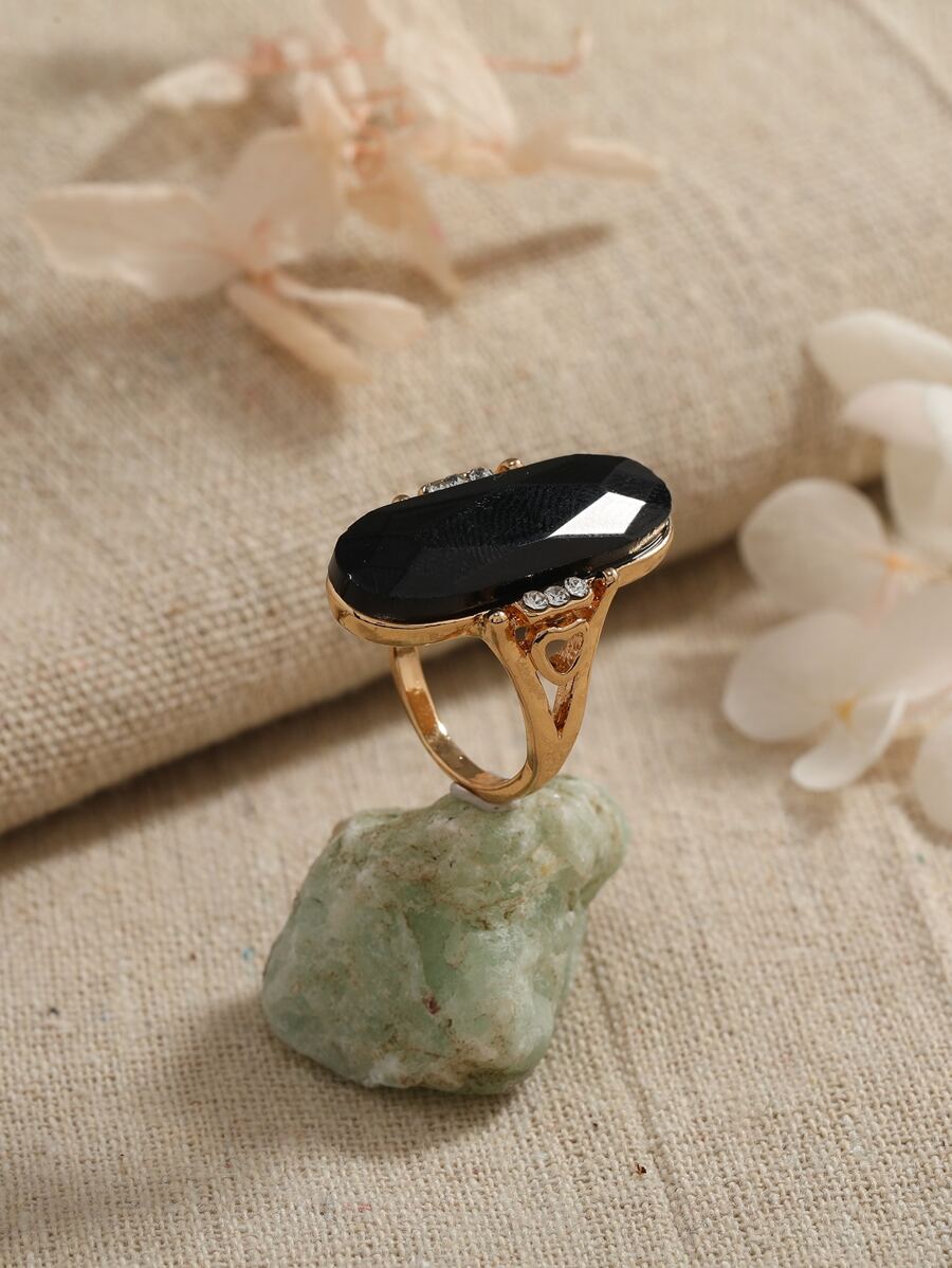 Oval & Rhinestone Decor Ring - Black - View 1
