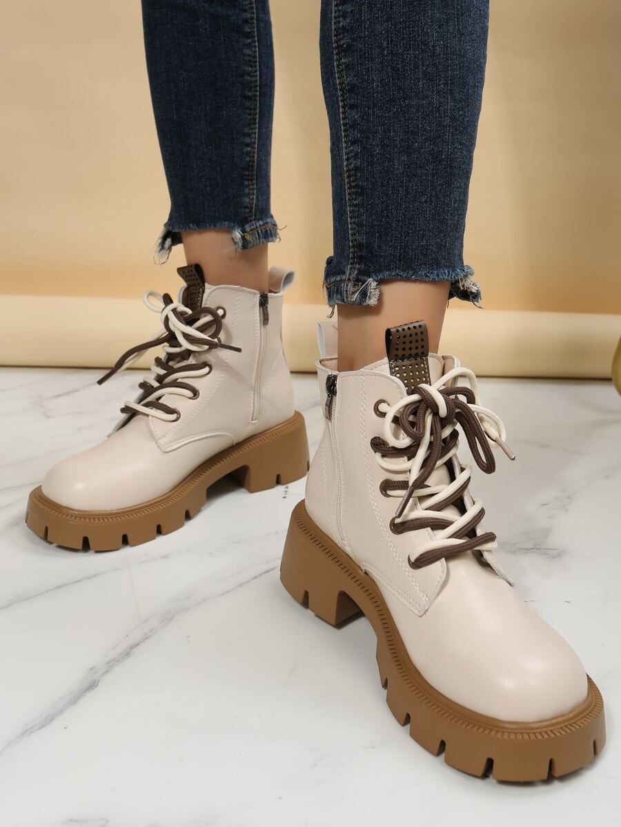 Lace-up Front Zipper Side Combat Boots - Beige - View 1