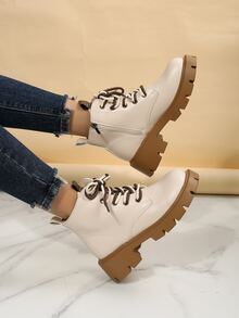 Lace-up Front Zipper Side Combat Boots - Beige - View 2