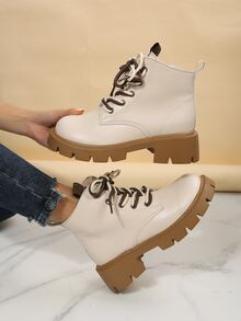 Lace-up Front Zipper Side Combat Boots - Beige - View 3