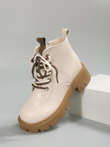 Lace-up Front Zipper Side Combat Boots - Beige - View 4