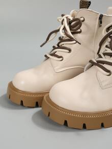 Lace-up Front Zipper Side Combat Boots - Beige - View 6