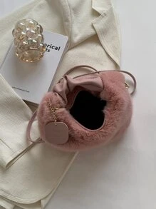 Minimalist Fuzzy Hobo Bag With Letter Charm - Pink - View 3