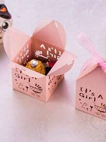 10pcs Ribbon Gift Box, Pink Hollow Paper Treat Box For Party - Pink - View 2