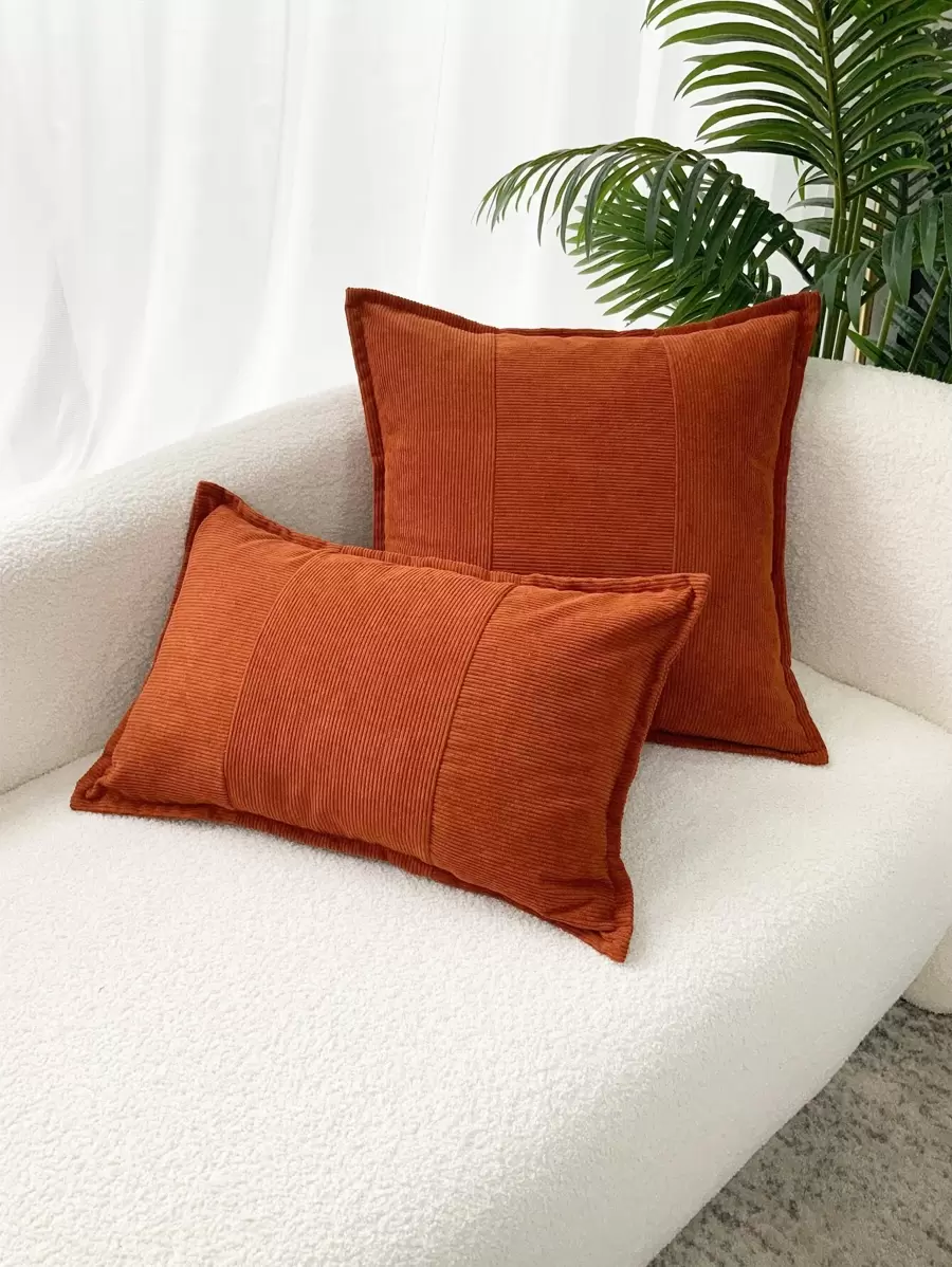 1 Vỏ gối bằng vải nhung kẻ chắp vá hoặc Vỏ gối thắt lưng - Màu Cam cháy - Xem 1