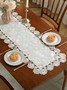 Jacquard Satin Fabric, Bicolor Embroidered Lace Trim Table Runner, Dresser Scarf, Doily, Home Decor Flag, Placemat, Suitable For Kitchen, Dining Room, Study, Coffee Table, Dressing Table, Living Room, Bedroom, Patio, Outdoor Furniture, Picnic, Villa, Party And Wedding Decoration, 1pc Table Runner (Various Sizes)