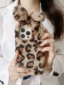 兔耳朵裝飾豹紋印花毛茸茸手機殼 - 彩色 - 查看 1