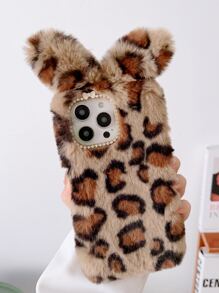 兔耳朵裝飾豹紋印花毛茸茸手機殼 - 彩色 - 查看 2