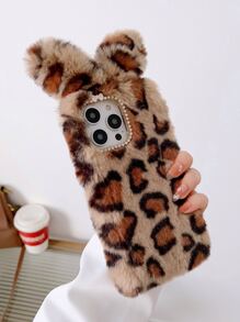 兔耳朵裝飾豹紋印花毛茸茸手機殼 - 彩色 - 查看 4