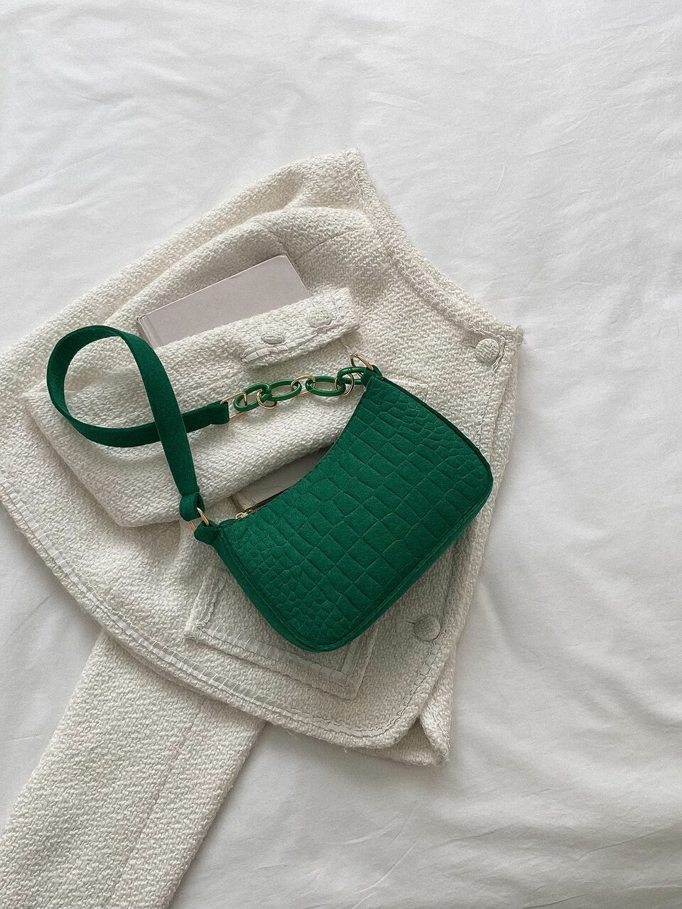 Mini Bag Crocodile Embossed Solid Color Zipper Fashionable , Green