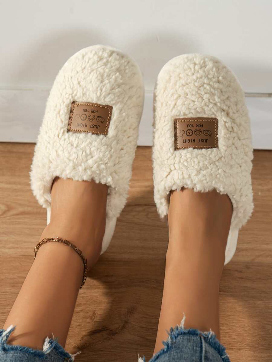 Letter Patch Decor Fuzzy Bedroom Slippers - Beige - View 1